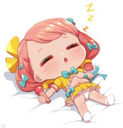 1girl blue_bow blush born-to-die bow bracelet chestnut_mouth chibi closed_eyes commission commissioner_upload female_focus hair_ornament hairclip holding holding_microphone jewelry lying microphone midriff navel on_back open_mouth original panties pink_hair scrunchie shirt short_hair short_sleeves simple_background skirt sleeping socks solo underwear white_background white_panties white_socks yellow_bow yellow_shirt yellow_skirt zzz
