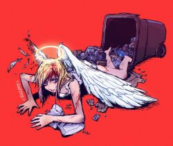 1girl angel angel_wings ashleyloob blonde_hair blood blood_on_face blue_eyes feathers from_above getting_up halo looking_up lying medium_hair on_stomach original razor_blade red_background solo trash trash_can wings
