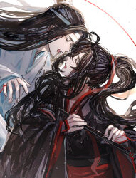 2boys ahoge black_hair black_hanfu chinese_clothes closed_eyes daenarys dizi flute hair_ribbon hanfu headband high_ponytail holding holding_flute holding_instrument instrument lan_wangji long_hair long_sleeves male_focus modao_zushi multiple_boys music open_mouth playing_instrument ponytail profile red_ribbon red_sash ribbon sash sidelocks simple_background string string_of_fate topknot transverse_flute upper_body wei_wuxian white_background white_hanfu white_headband wide_sleeves yaoi