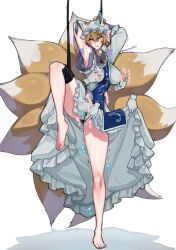 absurdres animal_ears animal_hat armpits artist_name barefoot bdsm blonde_hair blue_tabard blush bound breasts clitoral_stimulation covered_erect_nipples disembodied_hand dress feet fox_ears fox_tail hat heavy_breathing highres himadera kitsune large_breasts long_sleeves mob_cap multiple_girls multiple_tails nipple_stimulation open_mouth restrained short_hair surrounded_by_hands tabard tail touhou trembling trembling_legs yakumo_ran yellow_eyes