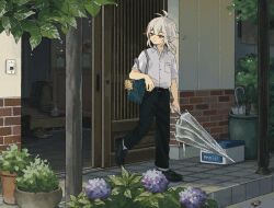 alternate_costume bag bag_charm black_pants black_shoes blue_bag charm_(object) closed_mouth closed_umbrella collared_shirt commentary_request day flower genshin_impact hishida_(koko_escape) holding holding_umbrella hydrangea kaedehara_kazuha leaf male_focus multicolored_hair pants plant ponytail potted_plant purple_flower red_eyes red_hair school_bag school_uniform shirt shoes short_sleeves solo standing streaked_hair transparent transparent_umbrella umbrella water_drop white_hair white_shirt