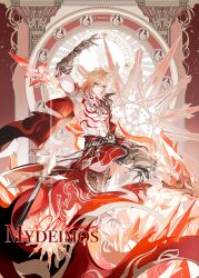 1boy abs absurdres arm_tattoo arm_up armlet armor armored_boots black_coat black_pants blonde_hair boots braid cape character_name chest_tattoo chinese_commentary coat commentary_request earrings facial_tattoo gold_earrings gold_necklace gradient_hair hair_between_eyes hand_up highres honkai:_star_rail honkai_(series) jewelry looking_at_viewer male_focus medium_hair multicolored_hair mydei_(honkai:_star_rail) necklace nnnnnova open_clothes open_coat pants pauldrons red_cape red_hair red_tattoo sample_watermark shoulder_armor side_braid single_pauldron solo tattoo toned toned_male waist_cape watermark yellow_eyes