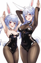 2girls animal_ear_fluff animal_ears black_bodysuit black_leotard black_pantyhose blue_hair blush bodysuit bow braid braided_ponytail breasts cleavage covered_navel hair_bow hair_over_shoulder highres hololive large_breasts leotard long_hair looking_at_viewer mature_female medium_breasts mother_and_daughter multicolored_hair multiple_girls nootomo open_mouth pantyhose pekomama playboy_bunny rabbit-shaped_pupils rabbit_ears rabbit_girl rabbit_pose rabbit_tail red_eyes short_eyebrows smile strapless strapless_leotard streaked_hair symbol-shaped_pupils tail teeth twin_braids upper_teeth_only usada_pekora virtual_youtuber white_background white_bow white_hair