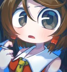 1girl black_eyes blue_background blush brown_hair cigarette commentary_request cookie_(touhou) hair_tubes hakurei_reimu highres holding holding_cigarette looking_at_viewer melanin_shikiso mochiya_(cookie) open_mouth simple_background solo touhou upper_body