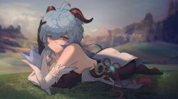 1girl artist_name black_pantyhose blue_eyes ganyu_(genshin_impact) genshin_impact grasslands hill horns light_smile long_hair looking_at_viewer lying mountainous_horizon on_grass on_stomach pantyhose shadowking tabard