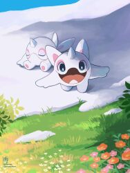 animal_focus artist_name blue_eyes bright_pupils cetoddle chikafuji closed_eyes colored_skin commentary_request from_above grass highres horns looking_at_viewer nintendo no_humans open_mouth outdoors pokemon pokemon_(creature) single_horn sitting smile snow twitter_username white_pupils white_skin