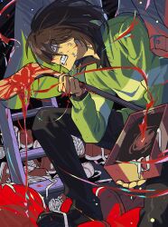 Rule 34 | 1other, androgynous, black pants, blood, box, brown hair, clenched teeth, colored skin, deltarune, green sweater, heart, highres, hockey stick, holding hockey stick, kris (deltarune), ladder, other focus, pants, red eyes, shaded face, shoes, short hair, sneakers, solo, sweat, sweater, teeth, u0u zzz, unworn shoes, yellow skin