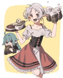 2girls :d alcohol barmaid beer beer_mug blue_eyes blue_hair bread cl5hhuq2 cup dirndl dress drinking elf foam food german_clothes highres holding mug multiple_girls mushoku_tensei open_mouth pointy_ears ponytail red_eyes roxy_migurdia sausage smile sylphiette_(mushoku_tensei) tray white_hair
