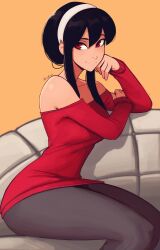 Rule 34 | 1girl, absurdres, bare shoulders, black hair, black pantyhose, blush, breasts, commentary, couch, dress, english commentary, hairband, head rest, highres, large breasts, long sleeves, off-shoulder sweater, off shoulder, on couch, pantyhose, raichiyo33, red eyes, red sweater, solo, spy x family, sweater, sweater dress, updo, white hairband, yor briar