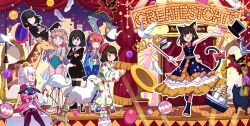 6+girls :d ^_^ absurdres animal_ear_fluff animal_ears aqua_leotard bird black_hair black_serafuku black_shoes black_skirt blue_dress blue_eyes blue_kimono bow braid cane cat_ears cat_girl cat_tail chicken closed_eyes commentary_request crane_(animal) crown curtains dress full_body giraffe gloves hair_ornament hat headphones highres holding holding_cane holding_stuffed_toy japanese_clothes kimono leotard mirror multiple_girls nishinoda open_mouth original outline pantyhose pink_hair pink_shoes profile purple_pantyhose rabbit red_bow red_hat red_pantyhose red_shoes sailor_collar school_uniform serafuku sheep shoes sitting skirt sleeveless sleeveless_dress smile socks star_(symbol) star_hair_ornament star_print stuffed_animal stuffed_rabbit stuffed_toy tail tail_bow tail_ornament teapot top_hat u_u white_gloves white_hair white_kimono white_outline white_sailor_collar white_shoes white_socks