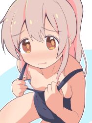 1girl bare_arms bare_legs bare_shoulders black_one-piece_swimsuit blue_background blush breasts brown_eyes clothes_pull collarbone commentary hair_between_eyes highres long_hair looking_at_viewer one-piece_swimsuit one-piece_swimsuit_pull onii-chan_wa_oshimai! outline oyama_mahiro pink_hair ponytail school_swimsuit simple_background small_breasts solo swimsuit unkimo white_background white_outline