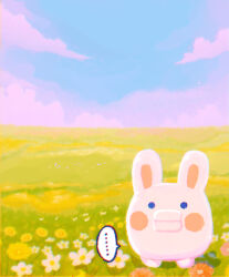 ... 1119mna blush_stickers character_request check_character cloud colored_skin commentary_request creature creature_focus flower grass highres kuchipatchi looking_at_viewer no_humans outdoors rabbit simple_background sky solid_circle_eyes spoken_ellipsis tamagotchi tamagotchi_(creature)