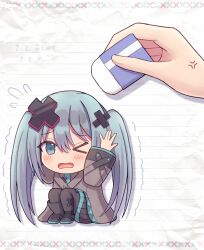 &gt;_o 1girl 1other absurdres anger_vein aqua_eyes aqua_hair bandaid bandaid_on_leg batsu_miku black_boots black_pantyhose black_skirt blush boots eraser grey_jacket hair_between_eyes hair_ornament hatsune_miku highres holding jacket kowareta_sekai_to_utaenai_miku long_hair long_sleeves meemen one_eye_closed open_mouth pantyhose pleated_skirt project_sekai scared skirt turtleneck turtleneck_jacket twintails very_long_hair vocaloid wide_sleeves x_hair_ornament