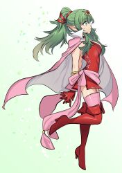 Rule 34 | 1girl, absurdres, arms behind back, boots, breasts, cape, choker, cleavage, dress, fire emblem, fire emblem awakening, full body, gloves, green eyes, green hair, hair ornament, hair ribbon, high heel boots, high heels, highres, jewelry, missandydandy, nintendo, pink cape, pink thighhighs, pointy ears, ponytail, red boots, red choker, red dress, red gloves, ribbon, solo, thighhighs, tiara, tiki (adult) (fire emblem), tiki (fire emblem), two-tone cape, white cape