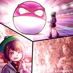 bloodshot_eyes bob_cut cardigan comic creatures_(company) crossed_arms crowd crying dynamax finger_to_cheek game_freak gen_1_pokemon gloria_(pokemon) green_headwear grey_cardigan hat highres miniskirt nintendo octoppoi pokemon pokemon_(creature) pokemon_swsh salute short_hair skirt solo_focus sweat tam_o&#039;_shanter twitter_username voltorb