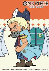 1boy axe axe_hand_morgan blonde_hair boots brown_boots chibi clenched_hand coat commentary_request copyright_name epaulettes full_body male_focus mask moon mouth_mask naka29maru official_art one_piece one_piece_card_game profile short_hair sleeveless sleeveless_coat solo veins