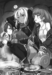 3girls a_rank_party_o_ridatsu_shita_ore_wa_moto_oshiego-tachi_to_meikyuu_shinbu_o_mezasu dark_elf dark_skin elf long_hair marina_(aparida) multiple_girls novel_illustration official_art pointy_ears rain_(aparida) silk_amberwood white_hair