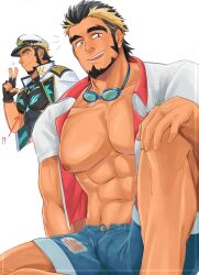 Rule 34 | 1boy, abs, bara, bare pectorals, black bodysuit, bodysuit, bulge, character request, denim, facial hair, feet out of frame, goatee, goggles, goggles around neck, highres, jacket, jeans, large pectorals, live a hero, long sideburns, looking at viewer, male focus, mature male, multicolored hair, muscular, muscular male, nipples, notice lines, one juneju e, open clothes, open fly, open jacket, pants, pectorals, sideburns, smile, thick eyebrows, torn clothes, torn jeans, torn pants, two-tone hair, v