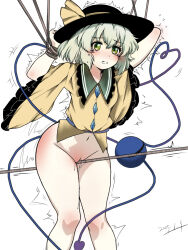 1girl arms_up aroused bdsm black_hat blouse blush bondage bottomless bound bow buttons chinese_commentary cleft_of_venus clenched_teeth commentary_request contrapposto crotch_rub diamond_button elbow_blush eyeball fliex frilled_shirt_collar frilled_sleeves frills furrowed_brow green_eyes green_hair hat hat_bow heart heart_of_string highres knee_blush komeiji_koishi mixed-language_commentary navel nose_blush pussy pussy_juice restrained rope_walking shibari shirt short_hair simple_background solo spanked standing tears teeth thighs third_eye three-quarter_sleeves touhou twitching white_background wide_sleeves yellow_bow yellow_shirt