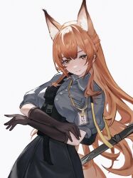 1girl animal_ear_fluff animal_ears arknights arms_under_breasts black_skirt brown_eyes brown_gloves ca_zi chinese_commentary closed_mouth collared_shirt commentary_request cowboy_shot elbow_gloves fox_ears fox_girl franka_(arknights) gloves grey_shirt highres id_card lanyard light_blush long_hair looking_at_viewer orange_hair shirt simple_background skirt solo very_long_hair white_background wing_collar