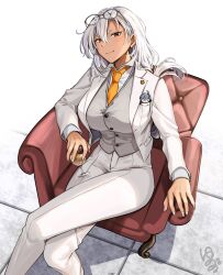 1girl absurdres armchair breasts chair collared_shirt crossed_legs cup dark-skinned_female dark_skin eyewear_on_head fairy_(kancolle) formal_clothes from_above grey_hair grey_vest hair_between_eyes highres holding holding_cup jacket kantai_collection kiyoshimo_(kancolle) large_breasts long_hair looking_at_viewer musashi_(kancolle) necktie orange_necktie pants red_eyes shirt signature sitting smile solo suit vest white_jacket white_nails white_pants white_shirt white_suit yunamaro