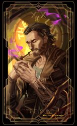 Rule 34 | 1boy, arcane: league of legends, art deco, artist name, beard, border, brown jacket, card, commentary, english commentary, english text, eriochromatic, facial hair, highres, holding, holding smoking pipe, jacket, league of legends, looking at object, male focus, ornate border, pipe in mouth, roman numeral, shirt, smoke, smoking, smoking pipe, swept bangs, tarot, tarot card, the sun (tarot), twitter username, vander (arcane), white shirt