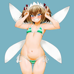 1girl belly bikini blue_background blue_eyes blush bow brown_hair commentary_request cookie_(touhou) cowboy_shot double_v fairy_wings flat_chest green_bikini grin highres looking_at_viewer navel pyukasshori red_bow shiriri_saikyo short_hair simple_background smile solo striped_bikini striped_clothes sunny_milk swimsuit touhou two_side_up v white_wings wings