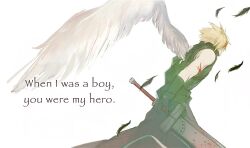 Rule 34 | 1boy, black cape, black feathers, black gloves, black vest, blonde hair, blood, blood in hair, cape, chou35248734655, cloud strife, covered mouth, elbow gloves, english text, falling feathers, feathered wings, feathers, final fantasy, final fantasy vii, final fantasy vii advent children, fusion swords, gloves, hair over eyes, highres, holding, holding sword, holding weapon, injury, male focus, short hair, single wing, solo, spiked hair, sword, upper body, vest, waist cape, weapon, white background, white wings, wings