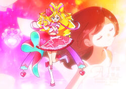 2girls :d aqua_eyes arm_warmers blonde_hair boots bow bow-shaped_hair choker circle_skirt closed_eyes coattails colored_shoe_soles crop_top cure_idol detached_sleeves dress dual_persona earrings glowing hair_bow hair_ornament heart heart_hair_ornament heart_hands henshin jewelry kimi_to_idol_precure knee_boots kyanos_(b_0000ff) long_hair magical_girl midriff multicolored_hair multiple_girls navel open_mouth orange_hair pink_hair pink_skirt plaid_clothes platform_boots precure puffy_short_sleeves puffy_sleeves sakura_uta_(precure) short_sleeves single_arm_warmer skirt smile standing standing_on_one_leg teeth two-tone_hair upper_teeth_only watermark white_boots white_dress wrist_cuffs