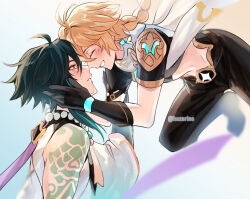 2boys aether_(genshin_impact) ahoge aqua_hair arm_tattoo armor artist_name baggy_pants black_boots black_gloves black_hair black_shirt blonde_hair blue_background blush boots braid brown_pants chinese_clothes closed_eyes detached_sleeves earrings eyeshadow floating_clothes floating_hair flying gauntlets genshin_impact gloves gradient_background hand_on_another&#039;s_face hand_up jewelry long_hair long_sleeves looking_at_another makeup male_focus midriff multicolored_hair multiple_boys necklace pants pearl_necklace red_eyeshadow rinnolatos shirt short_hair short_sleeves shoulder_armor sidelocks simple_background single_bare_shoulder single_detached_sleeve single_earring sleeveless sleeveless_shirt smile star_(symbol) tassel tattoo teeth two-tone_hair white_shirt white_sleeves wide_sleeves xiao_(genshin_impact) yaoi yellow_eyes