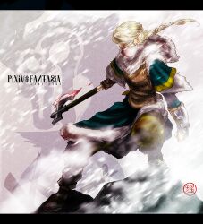 axe blonde_hair blood bloody_weapon blue_eyes boots bracer coat copyright_name fur_coat gauntlets holding holding_axe long_hair mask mouth_mask orca97 outdoors pixiv_fantasia pixiv_fantasia_last_saga pointy_ears snowing solo standing weapon