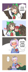&gt;_&lt; ... 3girls 4koma :3 :d ^^^ ^_^ animal_ears animalization black_hair black_wings blue_dress blush bow braid cat cat_ears cat_tail clinging closed_eyes comic dress english_text fever green_dress hair_bow headband kaenbyou_rin kapiten70 komeiji_koishi komeiji_koishi_(cat) komeiji_satori multiple_girls multiple_tails nose_blush on_lap open_mouth red_eyes red_hair reiuji_utsuho short_hair sick smile snot tail third_eye touhou towel towel_on_head twin_braids two_tails upper_body wavy_hair wavy_mouth wings