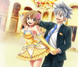 1boy 1girl bare_shoulders breasts cleavage collarbone dress elbow_gloves elie flower gloves hair_flower hair_ornament haru_glory hetero jewelry large_breasts light_brown_hair necklace official_art rave_(manga) smile yellow_dress