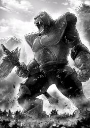1boy ape armor axe battle_axe bone_axe bone_weapon commentary cosplay crossover day dragon_ball dragonball_z english_commentary fangs full_armor giant giant_monster gloves godzilla_(series) godzilla_x_kong:_the_new_empire greyscale highres holding holding_weapon kaiju king_kong king_kong&#039;s_battle_axe king_kong_(series) legendary_pictures male_focus manly monochrome monster monsterverse mountainous_horizon multiple_crossover muscular no_humans oozaru oozaru_(cosplay) outdoors saiyan_armor santa_fung solo standing toei_animation weapon white_footwear white_gloves