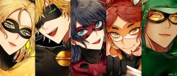 2boys 3girls adrien_agreste alya_cesaire black_hair blonde_hair blue_eyes brown_hair carapace chat_noir chloe_bourgeois glasses gradient_hair green_eyes ladybug_(character) long_hair low_twintails marinette_dupain-cheng miraculous_ladybug multicolored_hair multiple_boys multiple_girls nino_lahiffe queen_bee_(miraculous_ladybug) red_hair rena_rouge semi-rimless_eyewear twintails