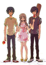 Rule 34 | 00s, 2boys, black hair, blue hair, brown hair, casual, clannad, dress, guitar case, ibuki fuuko, instrument case, long hair, multiple boys, okazaki tomoya, popsicle, short hair, usutsuchi kine, watermelon bar, yoshino yuusuke