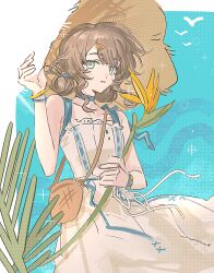 1girl alternate_costume bag bird_of_paradise_flower blue_background blue_eyes brown_bag brown_hair brown_hat dress flower hand_up hat highres holding holding_flower marcus_(reverse:1999) medium_hair mole mole_under_eye parted_lips rang_wo_zai_shui_10_fenzhong reverse:1999 shoulder_bag simple_bird sleeveless sleeveless_dress solo straw_hat sundress upper_body very_low_bun white_dress