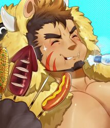 1boy animal_hood bara bare_pectorals blue_background boar_boy boar_hood body_fur brown_hair closed_eyes commentary corn eating facial_hair food forked_eyebrows glint goatee grilled_corn gullinbursti_(housamo) halftone halftone_background happy highres holding holding_skewer hood ketchup kiekoio large_pectorals long_sideburns male_focus muscular muscular_male mustard pectorals ramune sausage self-upload short_hair sideburns signature simple_background skewer solo sparkle squid symbol-only_commentary tokyo_houkago_summoners tusks upper_body