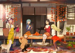 5girls :d absurdres animal aran_sweater arm_up autumn autumn_leaves backpack_basket bang_dream! barefoot basket black_hair black_legwear blonde_hair blue_eyes blue_footwear blue_hair blue_hoodie blush boots brown_pants brown_sweater cable_knit closed_eyes closed_mouth clothes_around_waist day dress flower_pot food fruit gloves grey_skirt hello_happy_world! highres holding holding_food hood hood_down hoodie house huge_filesize jacket kasa_list kitazawa_hagumi layered_sleeves leaf long_sleeves matsubara_kanon multiple_girls off_shoulder okusawa_misaki one_side_up open_clothes open_jacket open_mouth orange_eyes orange_hair outdoors overalls pants pantyhose persimmon plant potted_plant profile purple_eyes purple_hair red_jacket rubber_boots sandals scissors seta_kaoru shirt short_over_long_sleeves short_sleeves skirt slice_of_life smile squatting sweater sweater_dress tsurumaki_kokoro veranda white_footwear white_gloves white_shirt