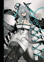 Rule 34 | &gt; &lt;, 1girl, absurdres, arknights, black pantyhose, breasts, cerevevisiae, closed mouth, dress, fingerless gloves, flying sweatdrops, gloves, green eyes, grey hair, hair between eyes, highres, ho&#039;olheyak (arknights), large breasts, long hair, long sleeves, looking at viewer, making-of available, pantyhose, sitting, smile, tail, tongue, tongue out