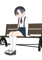1girl arm_support bench black_hair black_shoes blue_eyes blue_skirt blush breasts kneehighs long_sleeves looking_at_viewer mary_janes neck_ribbon original red_ribbon ribbon school_uniform sexless2012 shirt shoes short_hair sitting skirt small_breasts socks suspender_skirt suspenders white_background white_shirt white_socks