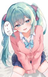 Rule 34 | 1girl, :d, black ribbon, blue bow, blue bowtie, blue eyes, blue hair, blue skirt, blush, bow, bowtie, cardigan, commentary request, cowboy shot, hair ribbon, hatsune miku, highres, long hair, long sleeves, looking at viewer, miniskirt, natukisigure, open mouth, pink cardigan, pleated skirt, ribbon, school uniform, simple background, sitting, skirt, sleeves past fingers, sleeves past wrists, smile, solo, thighhighs, translation request, twintails, vocaloid, white background, white thighhighs, zettai ryouiki