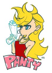 Rule 34 | 1girl, blonde hair, blue eyes, dress, earrings, gold necklace, gun, handgun, highres, holding, holding gun, holding weapon, hoop earrings, jewelry, necklace, panty &amp; stocking with garterbelt, panty (psg), red dress, weapon, weckinmach
