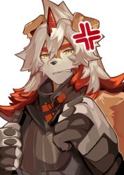 1boy anger_vein angry arknights black_shirt clenched_teeth colored_tips commentary_request furry furry_male gloves highres horns hung_(arknights) komainu_boy komainu_ears looking_at_viewer male_focus multicolored_hair orange_eyes roru_(roru39) shirt single_horn sleeveless sleeveless_shirt teeth upper_body white_background