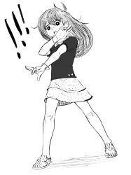 Rule 34 | !, !!, 1girl, absurdres, aged down, ahoge, bandaid, bandaid on knee, bandaid on leg, blush, bracelet, bright pupils, cabronpr, commentary, dutch angle, english commentary, fingernails, frilled sleeves, frills, full body, gang sign, greyscale, hair behind ear, hair between eyes, hand up, hatching (texture), highres, jewelry, legs apart, long hair, looking at viewer, mari (faraway) (omori), mari (omori), miniskirt, monochrome, omori, open-toe shoes, open mouth, outstretched arm, polka dot, polka dot skirt, puffy short sleeves, puffy sleeves, shirt, shoes, short sleeves, simple background, skirt, solo, standing, teeth, tongue, upper teeth only, v-shaped eyebrows
