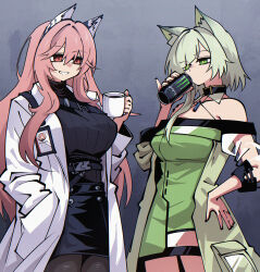 2girls absurdres animal_ear_fluff animal_ears arknights asymmetrical_hair black_pantyhose black_skirt black_sweater can cat_ears cat_girl coat commission cowboy_shot crossover cup dress dryegen girls&#039;_frontline girls&#039;_frontline_neural_cloud green_dress green_hair hand_in_pocket hand_on_own_hip highres holding holding_can holding_cup id_card kal&#039;tsit_(arknights) lab_coat material_growth monster_energy mug multiple_girls open_clothes open_coat oripathy_lesion_(arknights) pantyhose persicaria_(neural_cloud) pink_hair ribbed_sweater see-through_clothes see-through_sleeves skirt sweater trait_connection turtleneck turtleneck_sweater white_coat