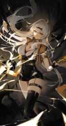 1girl absurdres andoff black_background black_gloves black_shorts black_thighhighs breasts cleavage commentary_request energy fingerless_gloves floating_hair gloves gold_armlet hair_between_eyes hair_ornament high-waist_shorts highres holding holding_ofuda large_breasts long_hair looking_at_viewer shirt shorts single_thighhigh solo standing thigh_strap thighhighs thighs very_long_hair vest white_hair white_shirt yellow_eyes yellow_vest yi_xuan_(zenless_zone_zero) yin_yang_pin zenless_zone_zero