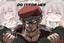 Rule 34 | 1boy, 1girl, artist name, barbell, beret, brown hair, cheek pinching, clenched teeth, commander (girls&#039; frontline), do it for her (meme), english text, exercising, girls&#039; frontline, grey hair, griffin &amp; kryuger military uniform, hat, highres, m200 (girls&#039; frontline), m200 (war correspondent) (girls&#039; frontline), meme, muscular, muscular male, pinching, purple eyes, serious, smart oval, teeth, weightlifting