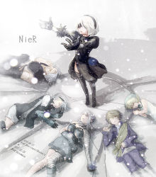 2010 2b_(nier:automata) 3boys 3girls android bandages blindfold blindfold_slip bracer braid breasts brother_and_sister brown_hair cleavage cleavage_cutout clothing_cutout copyright_name d.gray-man dress emil_(nier) father_and_daughter flower gloves hair_flower hair_ornament highres in-franchise_crossover juliet_sleeves kaine_(nier) long_sleeves lying multiple_boys multiple_girls nier nier:automata nier_(brother) nier_(brother)_(pre_timeskip) nier_(father) nier_(series) pale_skin puffy_sleeves sash seasolt short_hair shorts siblings snow snowing time_paradox yonah