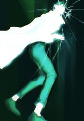 Rule 34 | 1boy, black hair, broken glass, censored, censored identity, faceless, full body, glass, glowing, green pants, green theme, highres, kim dokja, looking at viewer, macaronijail, male focus, omniscient reader&#039;s viewpoint, pants, running, short hair, solo
